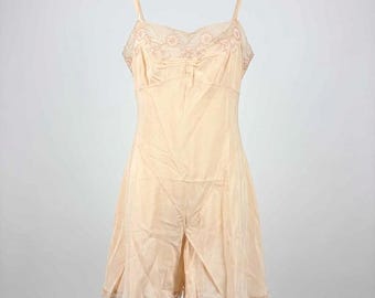 Silk Step-In Tap Pant Chemise Slip Lace Trim Embroidered Peach Pink 38 M Vintage