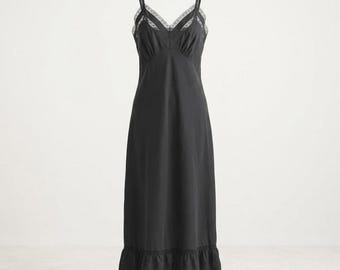 Charmode Sears Black Nylon Slip Dress Lace Ruffle Grunge Coquette 34 Vintage 50s