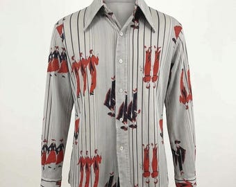 Wild Horse Saxony Disco Shirt Grey Red Art Deco Flapper Novelty M S Vintage 70s