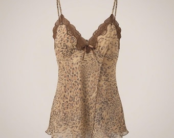 Delicates Leopard Sheer Lace Trim Camisole Babydoll Top Brown L Vintage Y2K 90s