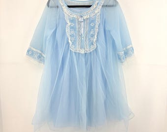 Chic Lingerie Robe Nightgown Peignoir Set L Blue Sheer Lace Babydoll Vintage 60s