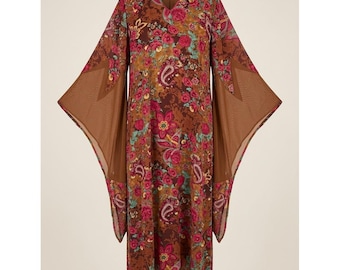 HH Cairo Brown Floral Paisley Kaftan Dress Angel Wing Sleeve XL Festival Vintage