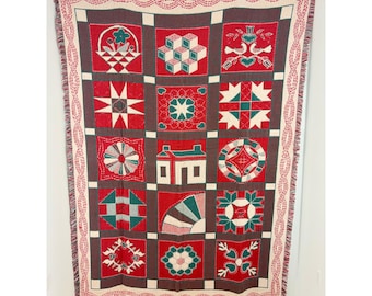 Cotton Tapestry Throw Blanket Quilt Square Sampler Red Green Fringe Vintage 90s