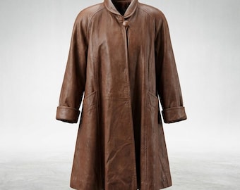Stavros New York Womens Brown Leather Swing Coat Size 8 Made in USA Vintage 80s