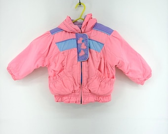 Vintage 80s Weather Tamer Girls Pink Hooded Puffer Jacket Heart Embroidery 12M