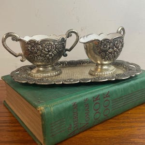 VTG Silver Plate Enamel Creamer Sugar Tray Set Floral Design Ornate Tea Coffee
