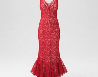 Frederick's of Hollywood Red Lace Sequin Maxi Trumpet Dress Gown L Vintage 90s