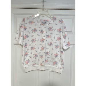 VTG 90s Bizzit Womens M L White Pink Floral Print Top Short Sleeve Flowers M L