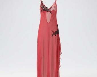 Delicates Red Black Applique Sheer Maxi Nightgown Slip Dress Cutout L Vintage
