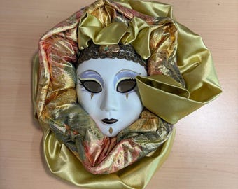 Vintage ANCO Venetian Pierrot Mask Wall Decor Gold Satin Harlequin Whimsigoth
