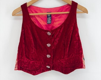 GAP Velvet Floral Inset Cropped Vest Crystal Buttons Red XS Whimsigoth Vintage