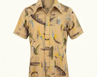 Christopher Rand Abstract Geometric Disco Shirt Yellow Nylon Men M S Vintage 70s