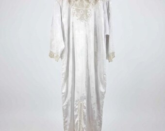 White Satin Lace Silver Trim Maxi Nightgown XL Vintage Victorian Bridal Caftan