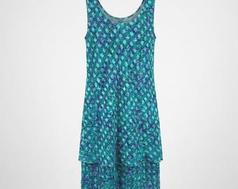 Patra Tiered Shift Dress Womens S Teal Purple Geometric Metallic Crinkle Vintage
