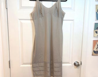 Vintage Sears Taupe Tan Grey Nylon Full Slip Dress Midi Lace Trim L 38 Lined