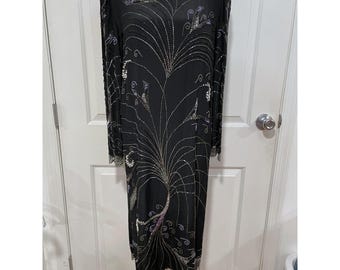 VTG Beaded 100% Silk Argenti Notte M 8 Sequin Long Sleeve Shift Dress Black Midi
