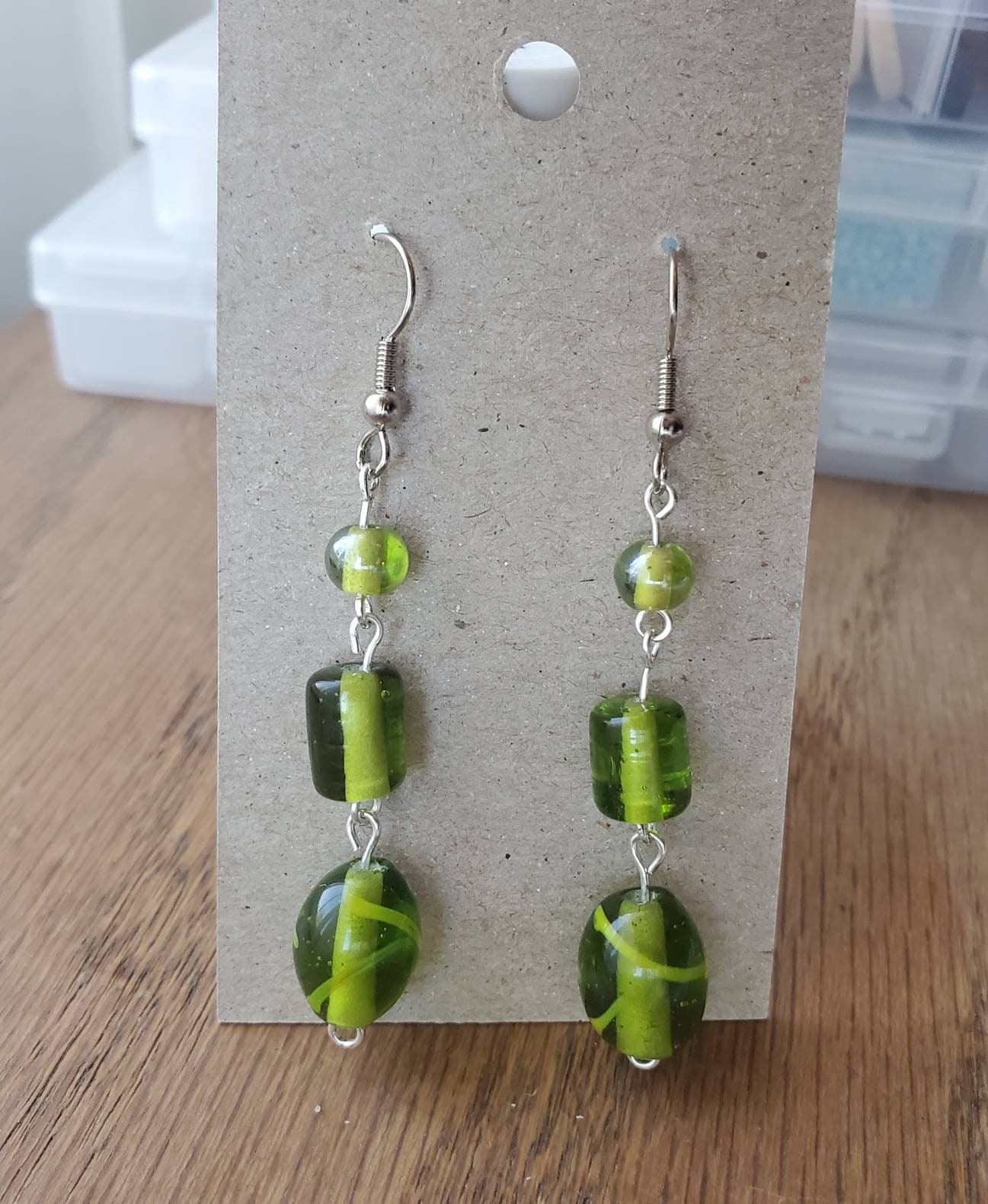 brass and glass bead earrings dark green aqua light blue terra cotta bead earrings simple bead drop dangle earrings