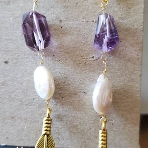 Amethyst and Pearl Feather Earrings
