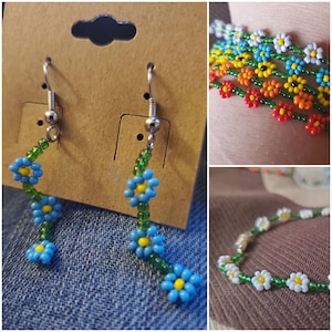 Pulseras y pendientes de flores con cuentas de semillas