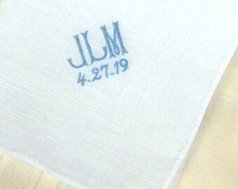 MEN'S IRISH LINEN Handkerchief, Groom, Father of Bride/Groom, Attendants, Monograms, Unique Font, Date, Custom, Corded Design 17x17