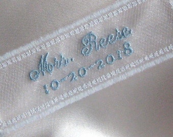 TULLE WEDDING DRESS Label, Custom Embroidered, Your Name & Wedding Date, Script Font, Shimmer Organza, Small Size, For the Bride, Sheer!