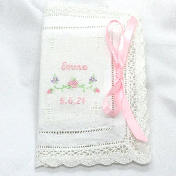 MONOGRAMMED LINEN & LACE Bible Cover, Hemstitched, Entredeux Trim, Baby, Christening, Baptism, First Christmas, with Miniature New Testament