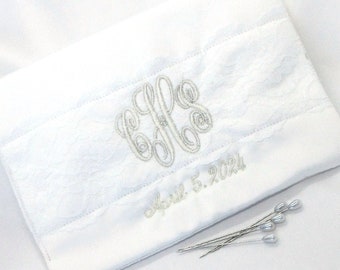 BOUQUET WRAP, Regular Size, Bridal, Embellished with Lace, Embroidered Frame, Personalize Monogram/Initial, White or Ivory, Corsage Pins