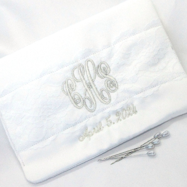 BOUQUET WRAP, Regular Size, Bridal, Embellished with Lace, Embroidered Frame, Personalize Monogram/Initial, White or Ivory, Corsage Pins
