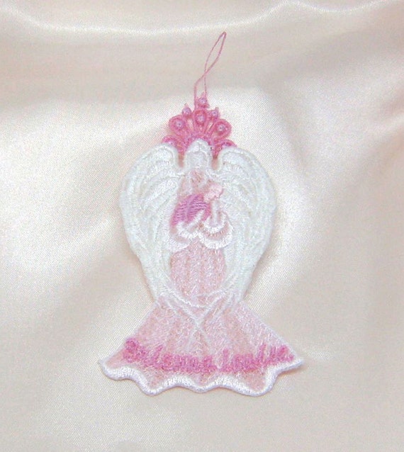 Lace Guardian Angel Ornament Fsl Unique Baby Shower Gift Personalize With Name Or Date Several Boy Or Girl Color Combinations Headpiece