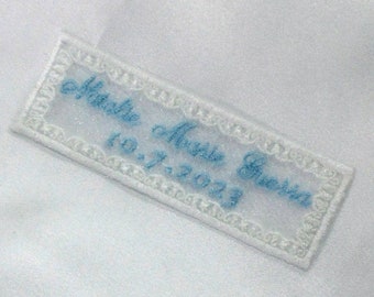 TULLE/ORGANZA Wedding Dress Label, SMALL, 20 characters & spaces per line, embroidered, name and date, script font, sheer, 1 1/2 X 2 1/2"