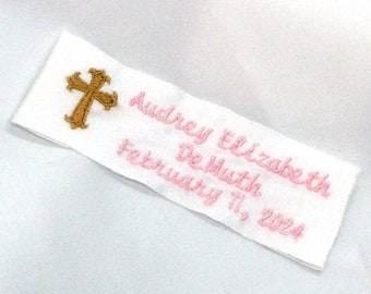 CHRISTENING/BAPTISMAL DRESS Small Embroidered Label, Child's Name, Event/Birth Date, Double Face Satin Polyester Ribbon, Baby Gift, 1 1/2x5"
