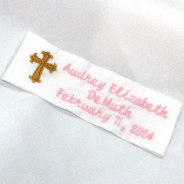 CHRISTENING/BAPTISMAL DRESS Small Embroidered Label, Child's Name, Event/Birth Date, Double Face Satin Polyester Ribbon, Baby Gift, 1 1/2x5"