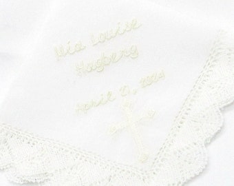 BAPTISM HANDKERCHIEF, Christening, Confirmation, Personalized, Embroidered, Baby Boy or Girl, Soft White, Baby Gift, Madonna Lace Edge 10x10