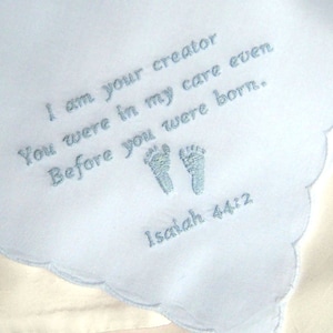 BABY LOSS MEMORIAL, Foot Print Design Handkerchief, In Memory Of, Miscarriage, Sympathy, Satin Scallop Edge, White, Tissue, Gift Box, 10x10+