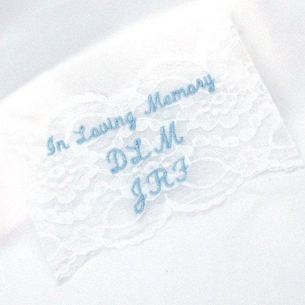 MEDIUM IN MEMORY of Lace Wedding Dress Label, Several Designs or Custom Design, Date, Embroidered Edging Lace, Organza Tulle Underlay, 3x4"