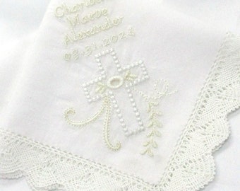 BAPTISM HANDKERCHIEF, Christening, Confirmation, Personalized, Embroidered, Baby Boy or Girl, Soft White, Baby Gift, Madonna Lace Edge 10x10