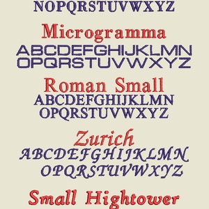May include: A graphic showing different font styles for the alphabet. The fonts are Bodini, Microgramma, Roman Small, Zurich, and Small Hightower.