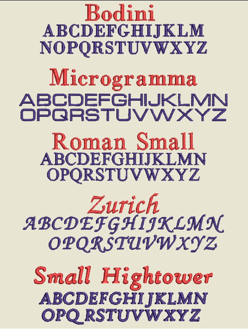 May include: A graphic showing different font styles for the alphabet. The fonts are Bodini, Microgramma, Roman Small, Zurich, and Small Hightower.