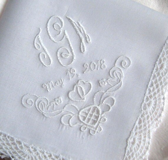 Fazzoletto Sposa Personalizzato - Regalo Mamma Con Pizzo E Data Matrimonio Ricordo Matrimonio Personalizzato - Foto 5