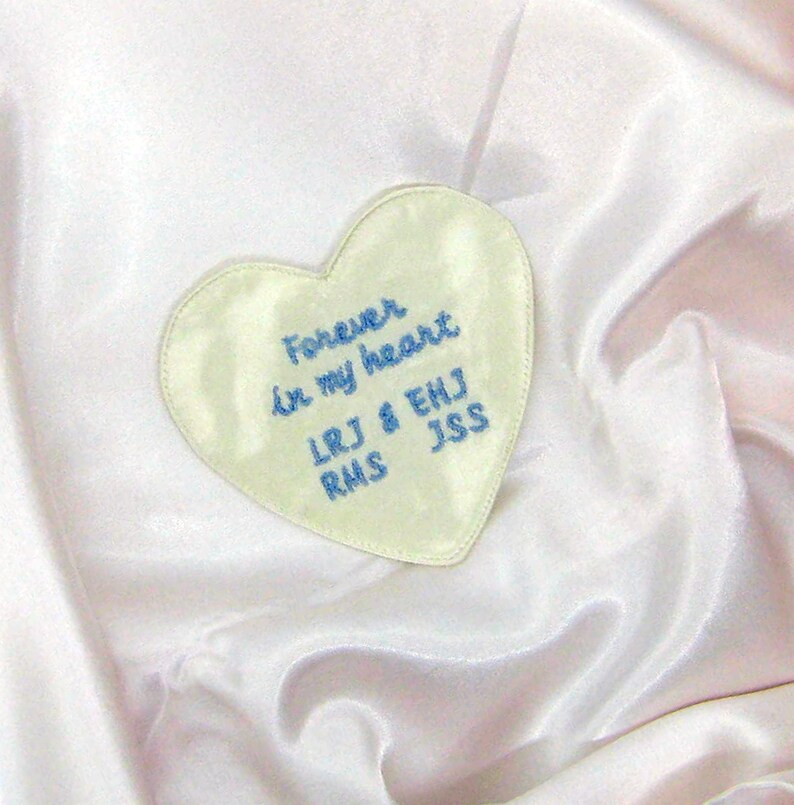 7 designs or Your Message finished edges lined 3x3 size HEART SHAPED WEDDING Dress Label Use Your Fabric or 6 colors polyester satin