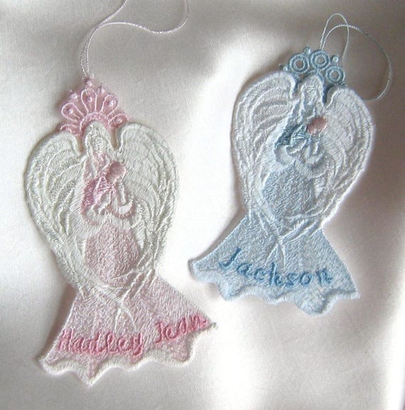 Lace Guardian Angel Ornament Fsl Unique Baby Shower Gift Personalize With Name Or Date Several Boy Or Girl Color Combinations Headpiece
