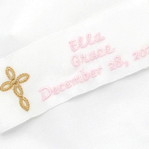 CHRISTENING/BAPTISMAL DRESS Small Embroidered Label, Child's Name, Event/Birth Date, Double Face Satin Polyester Ribbon, Baby Gift, 1 1/2x5"