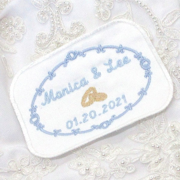 EMBROIDERED FRAME LABELS in fabric, perfect for the wedding dress, personalized, satin stitch edge, satin or linen, fully lined, about 4x3"