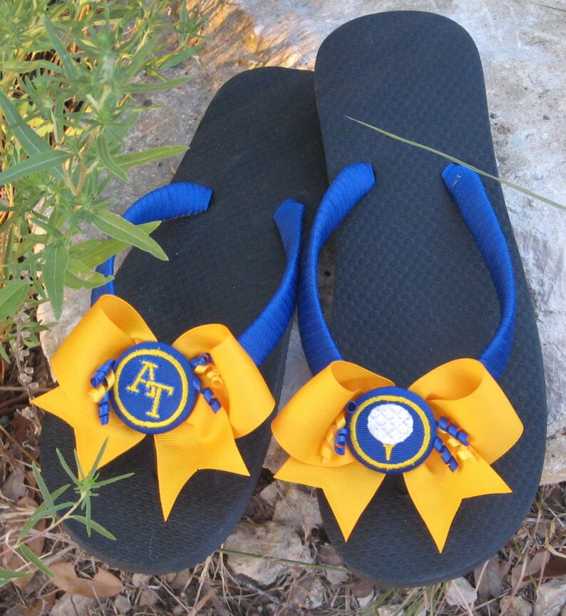 Flats or Wedge Add Name or Team Solids and Dots All School Colors SPORTS FLIP FLOPS Matching Bows College /& Highschool Sports Designs