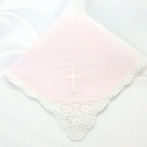 LACE CORNER HANDKERCHIEF, Pink - Blue - White, Baby Girl or Boy, Baptism/Christening, Choice of Designs, Personalized, Gift Box, 13x13
