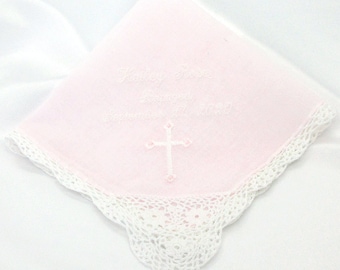 LACE CORNER HANDKERCHIEF, Pink - Blue - White, Baby Girl or Boy, Baptism/Christening, Choice of Designs, Personalized, Gift Box, 13x13