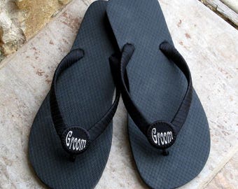 MEN'S FLIP FLOPS, Groom or Attendants, Beach & Outdoor Wedding, Custom Monogram, Satin Covered Buttons, Great Gift, Solid Rubber Comfy Flats