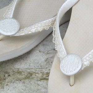 BEACH WEDDING Flip Flops, Pearl Trim/Pearl Circle Buttons, For the Bride, Personalized, White or Ivory, Wrapped Straps, Comfy Flats or Wedge
