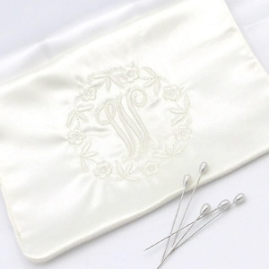 BRIDAL BOUQUET WRAP, Regular Size, Embroidered Frame, Swarovski Crystals & Pearls Options, Personalize Monogram/Initial, Corsage Pin Fasten