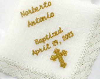 LINEN BAPTISM HANDKERCHIEF, Christening, Confirmation, Personalized, Embroidered, Custom, Handmade Bobbin Lace, Baby Gift, Nosegay 10x10